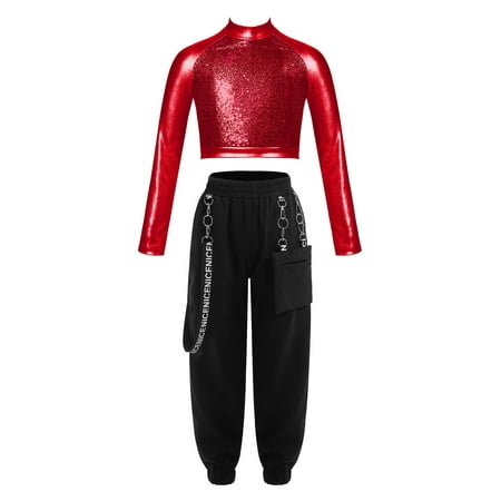 IEFIEL Girls Juniors 2Pcs Hip Hop Dance Outfit Metallic Sequins Crop Top with Chain Pocket Pants Gym Suit A Red 8