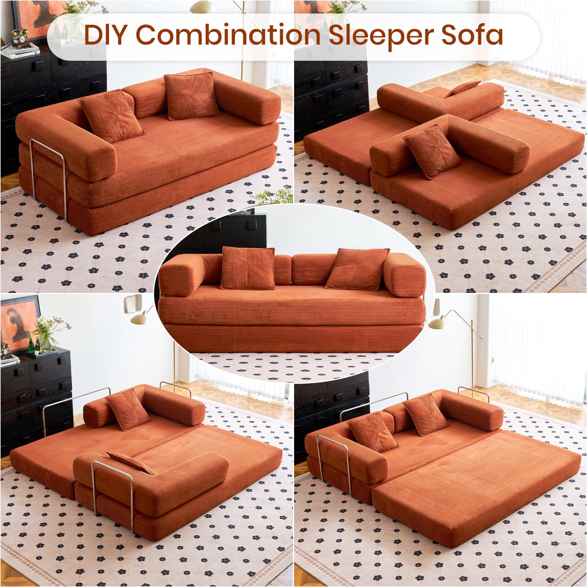 YINIX 62.9" Sleeper Sofa with Two Pillows, Comfy Modular Convertable Sofa Couch for Living Room, Small Spaces, Orange