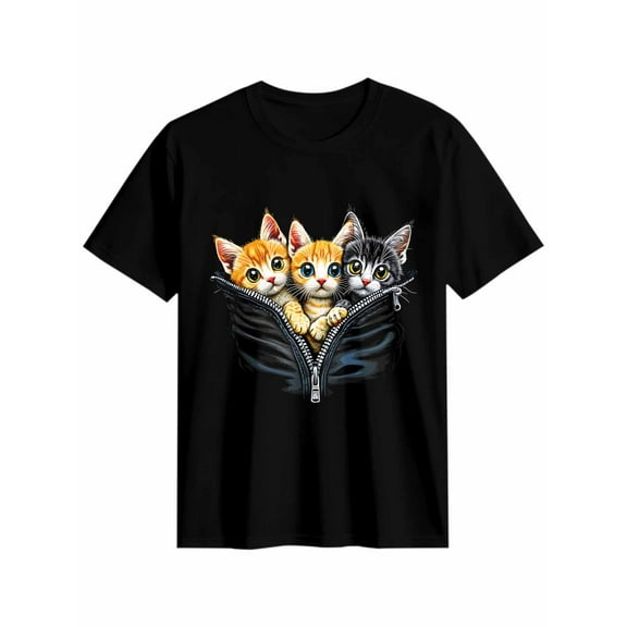 Women's T-Shirt Zipper Cat Cute Pet Focus Short Sleeve Casual Tee Classic Crew Neck T Shirt for Women Black, 2XL