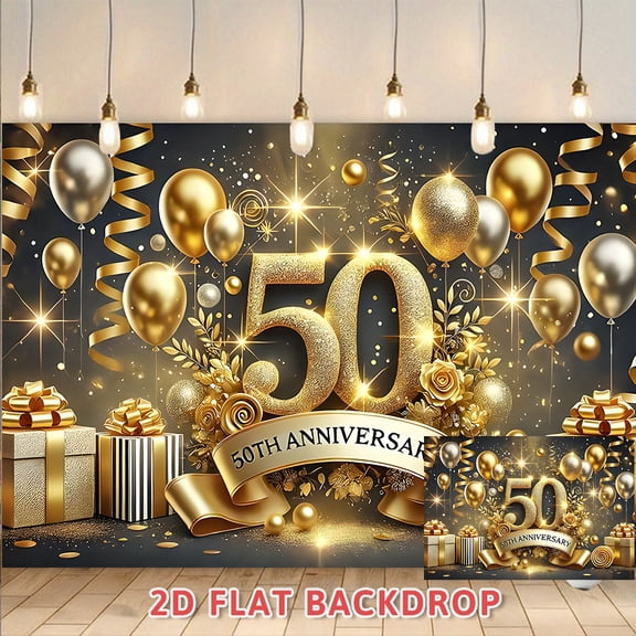 50th Anniversary Backdrop Black and Gold Glitter Balloon Gift Box Photography Background for Wedding Golden Anniversary Company 50th Anniversary Celebration Party Decor Photo Booth Props