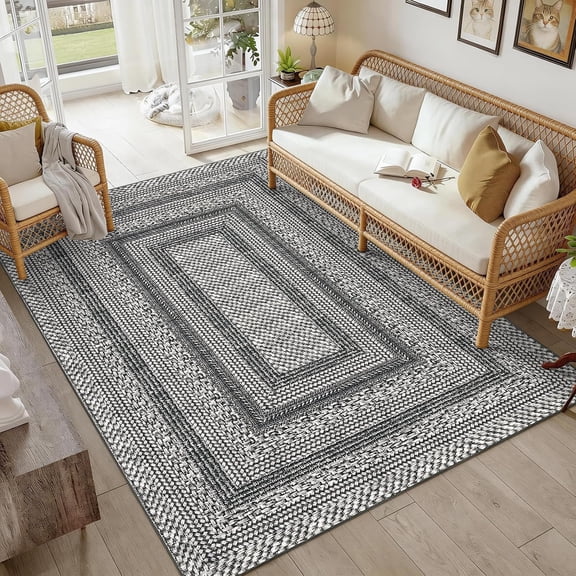 9x12 Area Rug Living Room Washable Non Slip Low Pile Modern Geometric Black Grey