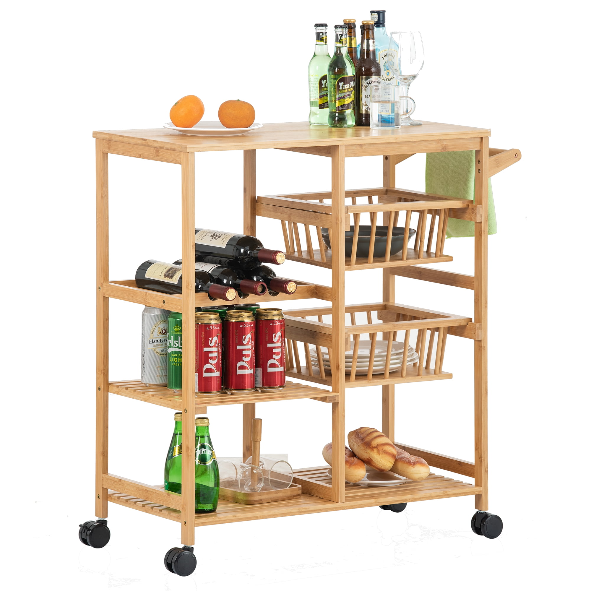 Kitchen Cart with Storage, BTMWAY 3Tier Bamboo Rolling Kitchen Cart on