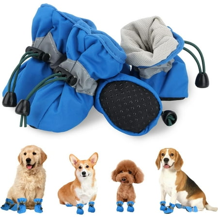 4PCs Dog Boots Dog Shoes Pow Protector for Summer Hot Pavement for Small Medium Dogs Cat with Non-Slip Sole and Reflective Straps(Blue Size 4)