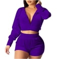 thumbnail image 2 of Spring Tops for Women Clothes under $5.00 Women's Two-Piece Sweatshirt Solid Color Long Sleeve Zippered Coat Slim Fitting Shorts Gold Velvet Suit/Purple S, 2 of 8