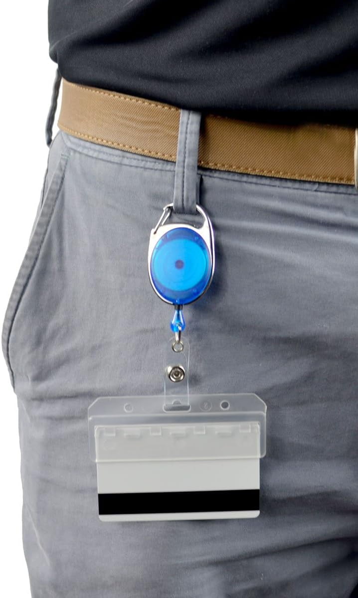2 Pack - Premium Carabiner Badge Reels with Half Card Badge Holders - Leaves Mag Stripe Exposed for POS and Swipe Cards by Specialist ID (Blue)