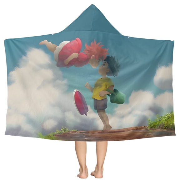 Ponyo On The Cliff Pattern Beach Poncho - Microfiber - Towel - Kids Lightweight And Practical Essential For Beach Vacation