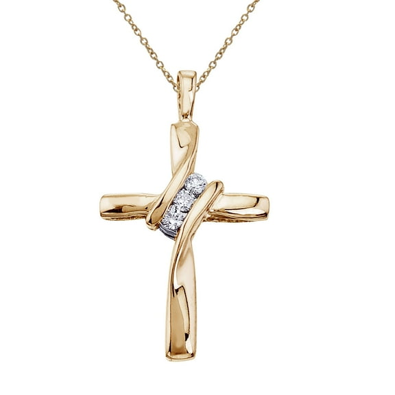 Petite 10k Yellow Gold Three Stone Off Set Diamond Cross Pendant with 18" Chain
