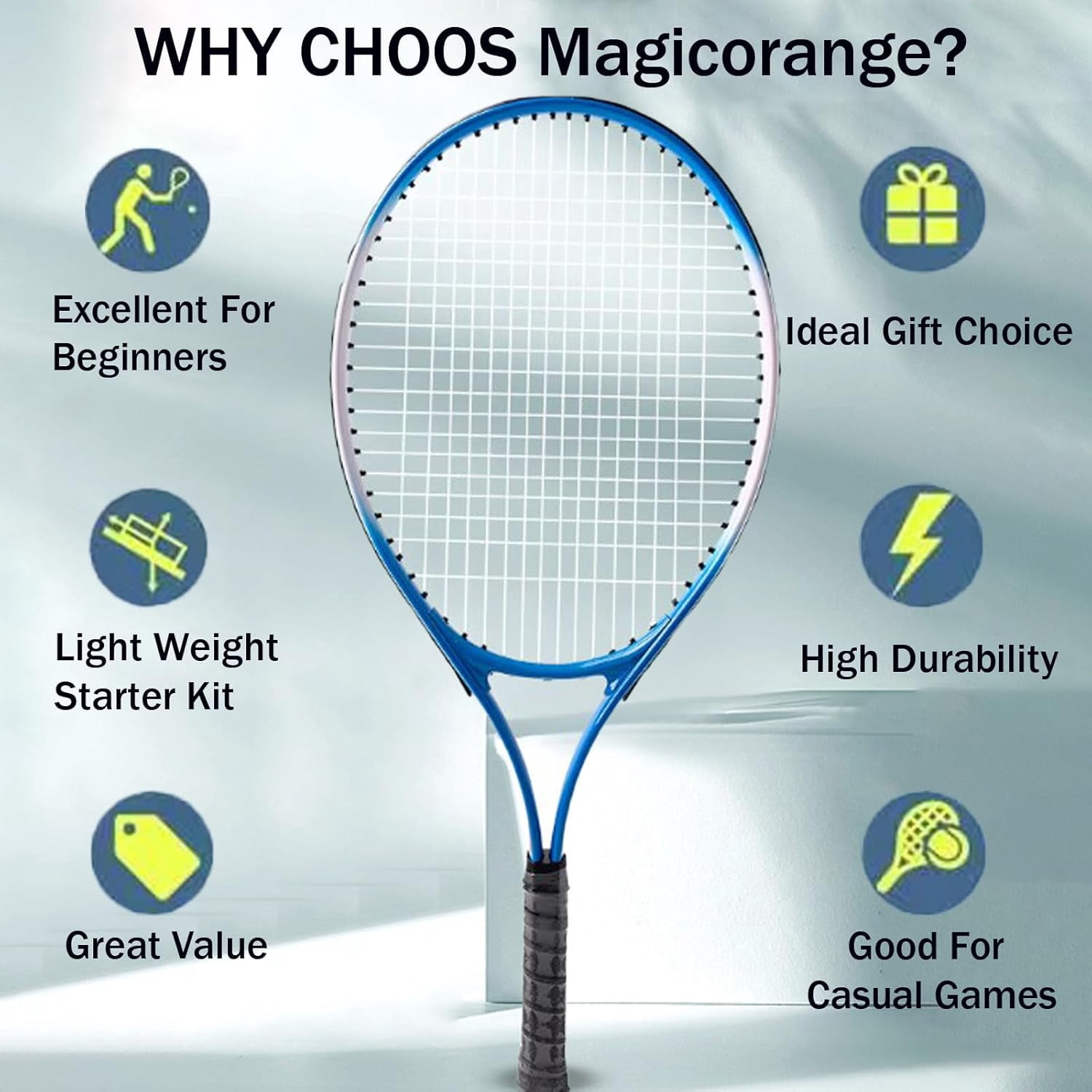 Magicorange Tennis Racket Set of 2 for Adult, 27 inch Length for Beginners and Professional with 4 Balls, 3 Overgrips, 1 Trainer, 1 Tennis Bag (Blue)