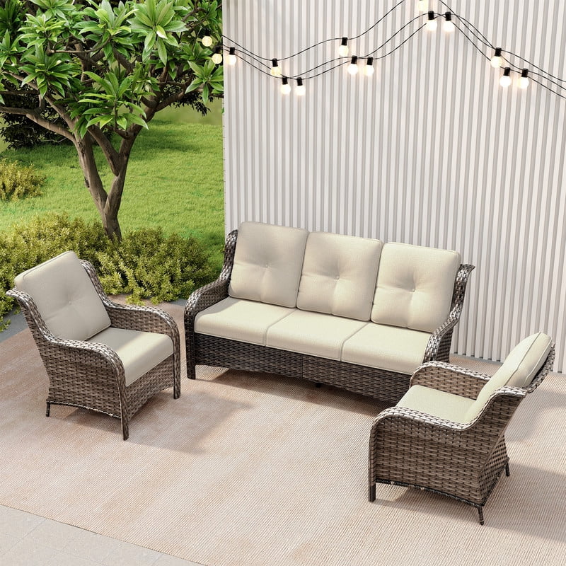 Meetleisure 3 Piece Wicker Patio Furniture Set, Rattan Chairs with 3-Seater Sofa, High Back, Deep Seating, Wide Armrest, Thick Cushions for Deck Porch, Beige