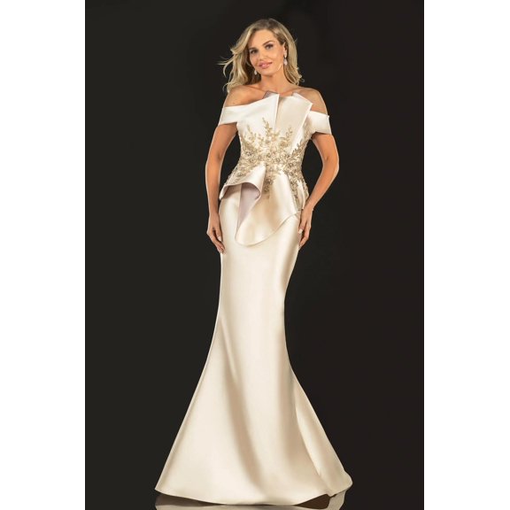 Women's Terani Couture evening elegant Structured Mikado Off Shoulder 2021e2835 Almond-Champagne Goldish Beige 4