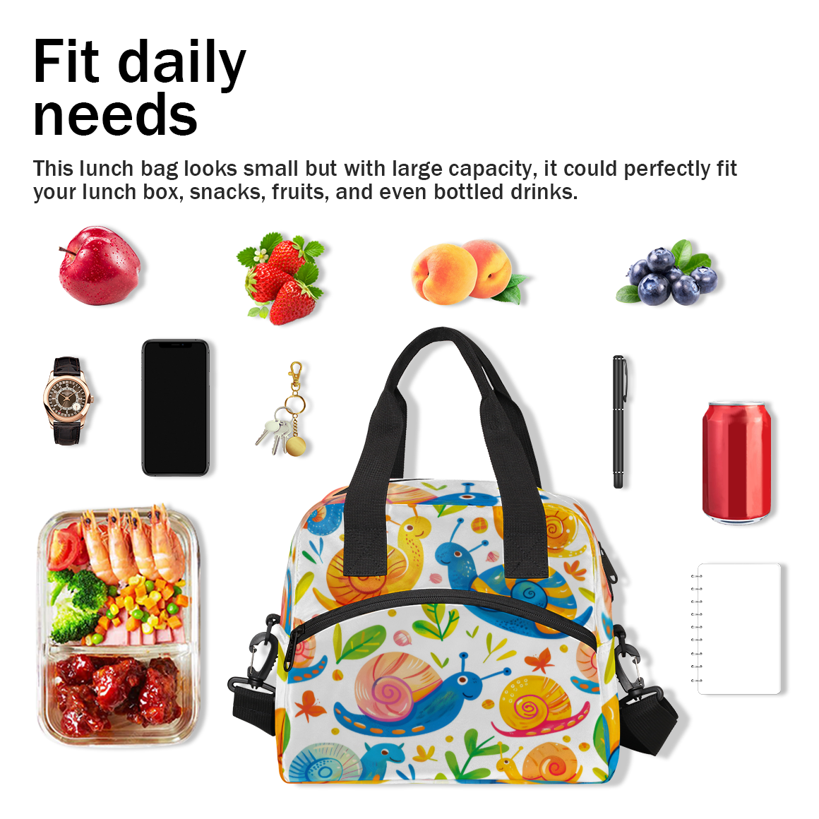 Herdesigns Snails Insulated Lunch Bag for Women Men Adults Large Reusable Lunch Box Cute Snails Leakproof Cooler Tote Bags with Adjustable Shoulder Strap