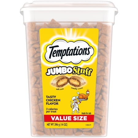 Temptations Jumbo Stuff Tasty Chicken Flavor Crunchy And Soft Dry Cat Treats, 14 Oz Tub