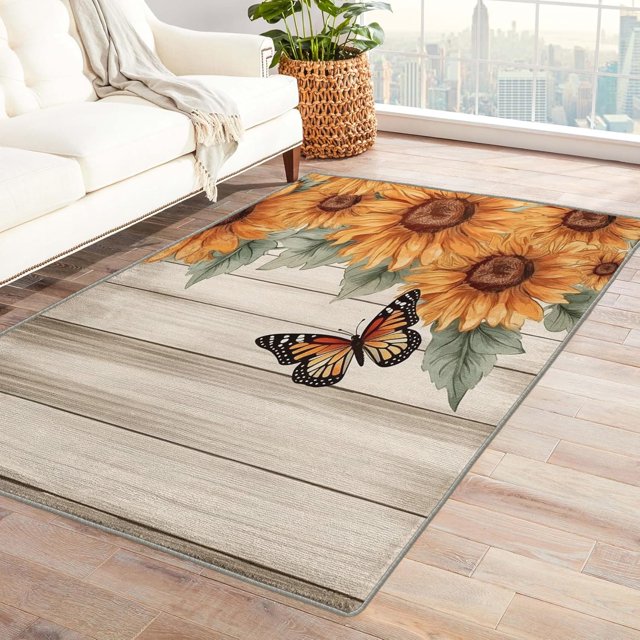 Sunflower Area Rugs for Bedroom Living Room - 4x6 ft - Butterfly Carpet for Home Decor - Flower Patterned Decorative Indoor Large Rug - Washable & Soft & Non Slip & Low Pile (ZF&7434)