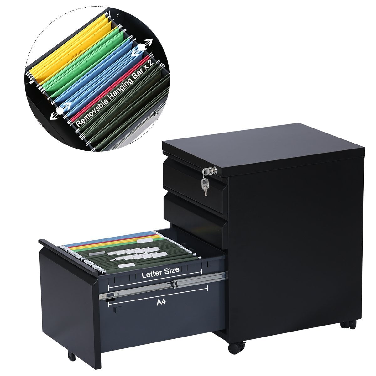 Devaise 3 Drawer Metal Mobile File Cabinet With Lock Black Legal