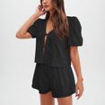thumbnail image 2 of Camisas de Color Sólido para Mujeres Verano Manga Corta Cuello en V Cuello Delantero Corbata Camisa Pantalones Cortos Conjunto, 2 of 8
