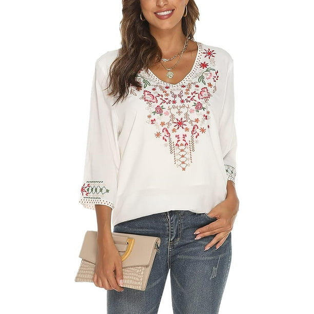 トップス used euro embroidery blouse Womens Solid Embroidery Blouse: Casual 3/4 Sleeve O-Neck