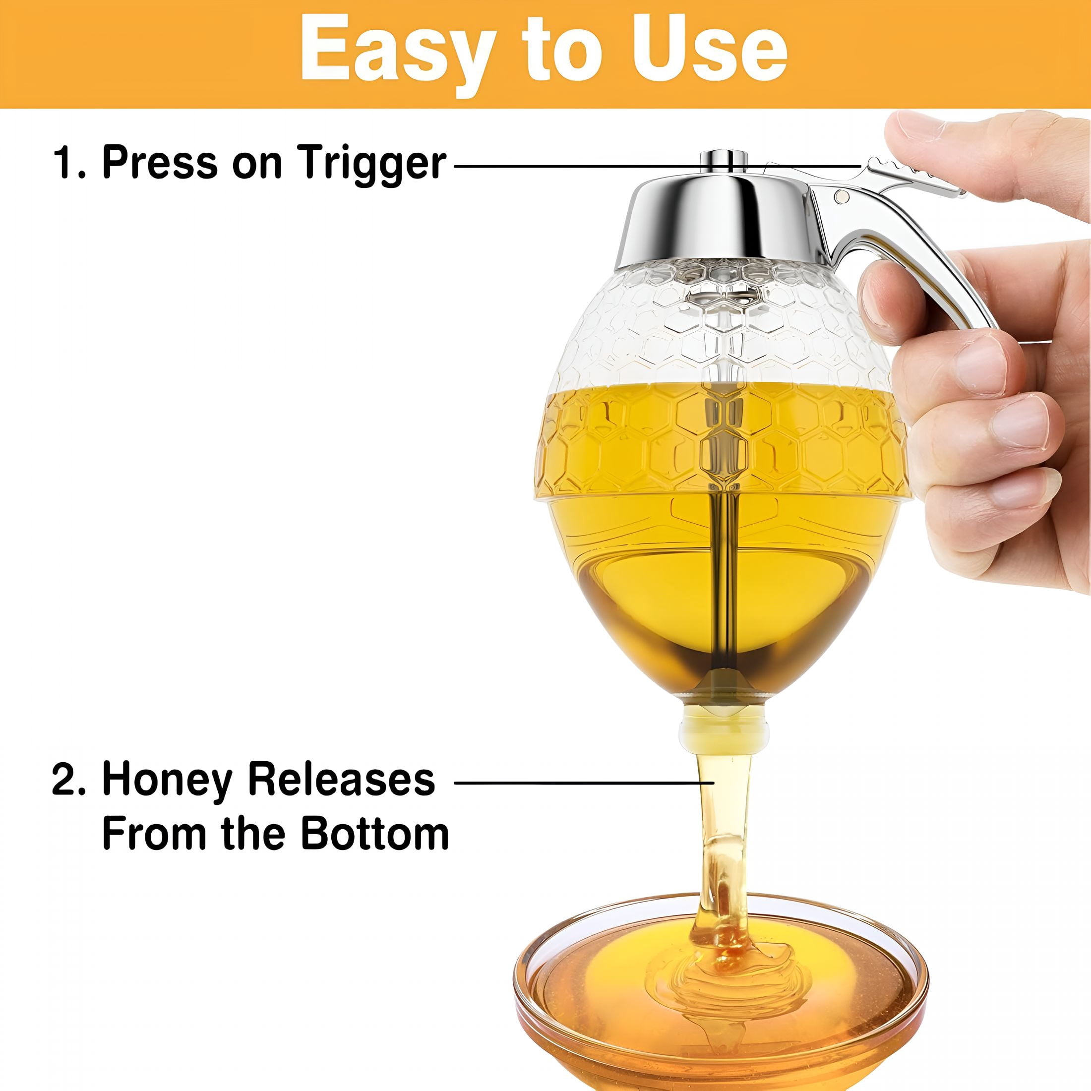 ACDANC Honey Dispenser No Drip Glass 8 Oz with Plastic Top,Honeycomb Shaped Honey Jar with Stand - 6" Clear Container,Honey Pot,Maple Syrup Dispenser,Bee Decoration