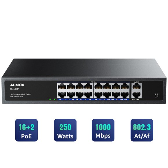 Conmutador Ethernet Gigabit PoE Aumox SG518P de 18 puertos y 250 W