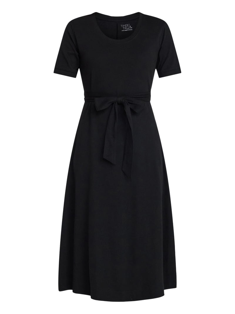 Time and Tru Women's Cotton Tie Front Midi Dress with Short Sleeves, Sizes Xs-xxxl, Black