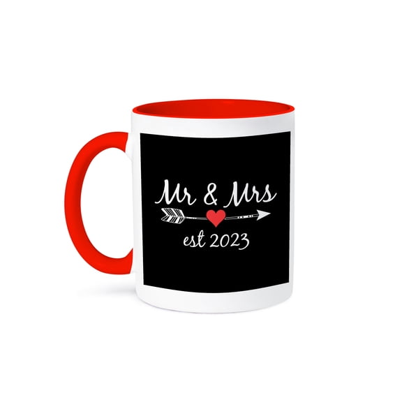3drose, Mr and Mrs Est 2023 White Lettering and Arrow with Red Heart on Black., 11oz Two-tone Red Mug