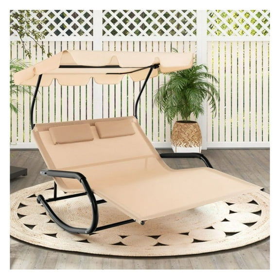 Rocking Chaise Lounge for 2 Persons, Outdoor Patio Daybed with Canopy & Wheels, Beige Metal Frame, Ergonomic Rocking Lounger for Backyard, Poolside, Deck - 85" x 55" x 55.5"