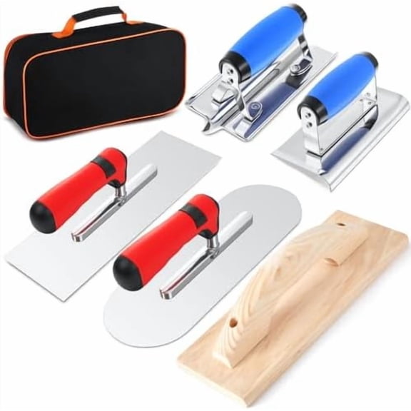 6pcs Concrete Hand Tools Set Masonry Tools Includes Stainless Steel Concrete Hand Edger, Groover, Wood Float, Finishing Trowel, Pool Trowel and Tool Bag for Cement Beginner Kit