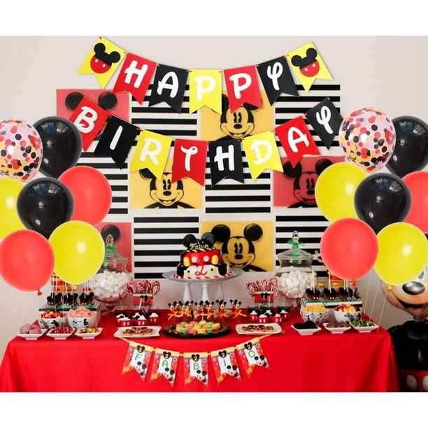 Ensemble de décoration de fête d'anniversaire sur le thème de Mickey Mouse  jaune rouge et noir pour garçon, oreilles de Mickey boules en nid d'abeille  ballon gâteau pour 1er 2e anniversaire fournitures