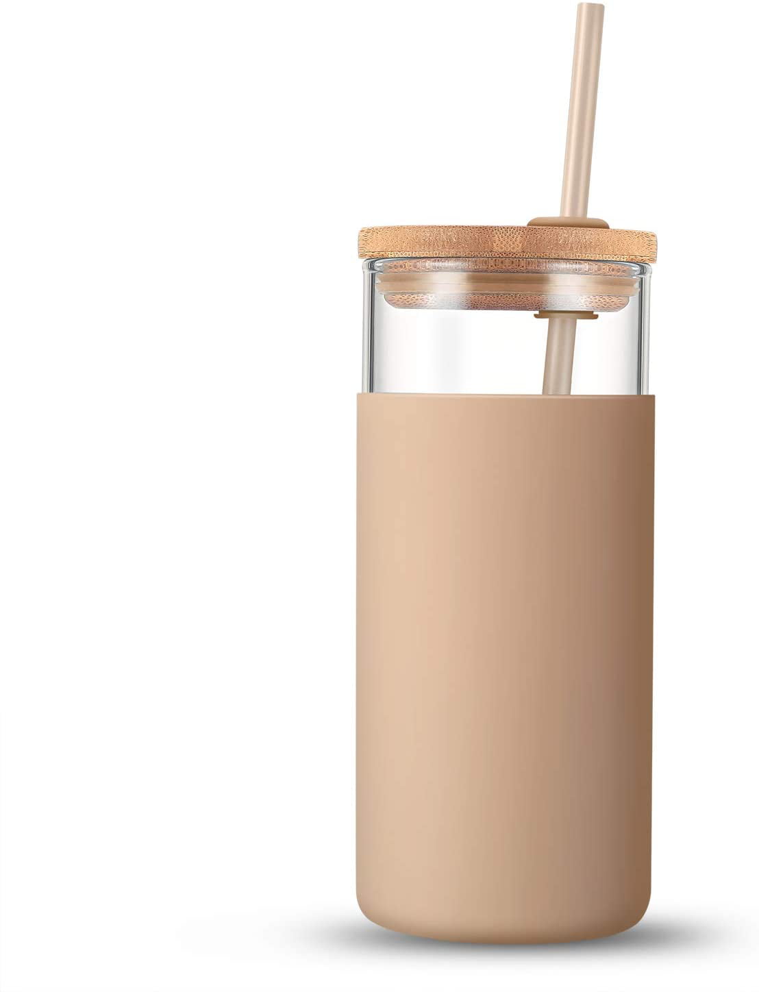 Wide Mouth Smoothie Cups Kodrine 20oz Glass Water Tumble with Straw and Lid,Bamboo Lids Water Bottle Straw Silicone Protective Sleeve BPA FREE-Pink Iced Coffee Cup Reusable
