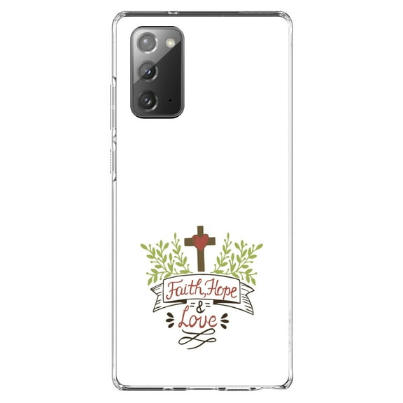 DistinctInk Clear Shockproof Hybrid Case for Samsung Galaxy Note 20 (6.7" Screen) - TPU Bumper, Acrylic Back, Tempered Glass Screen Protector - Faith, Hope & Love - Cross & Leaves