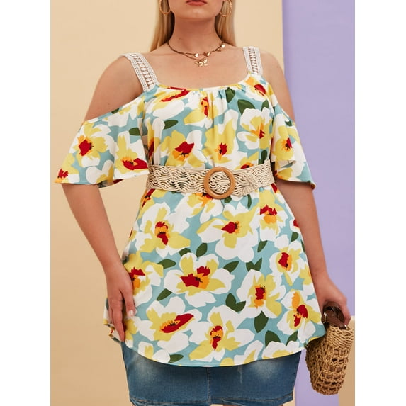 Rosegal Women's Plus Size Cold Shoulder Flower Crochet Strap Blouse