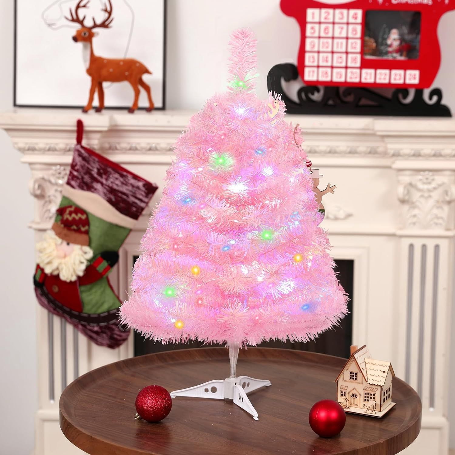 2FT Artificial Christmas Tree with Lights, Lighted Pink Tabletop Christmas Tree with Plastic Stand Light Up Battery Operated Mini Xmas Tree for Party Indoor Outdoor Holiday Home Decoration