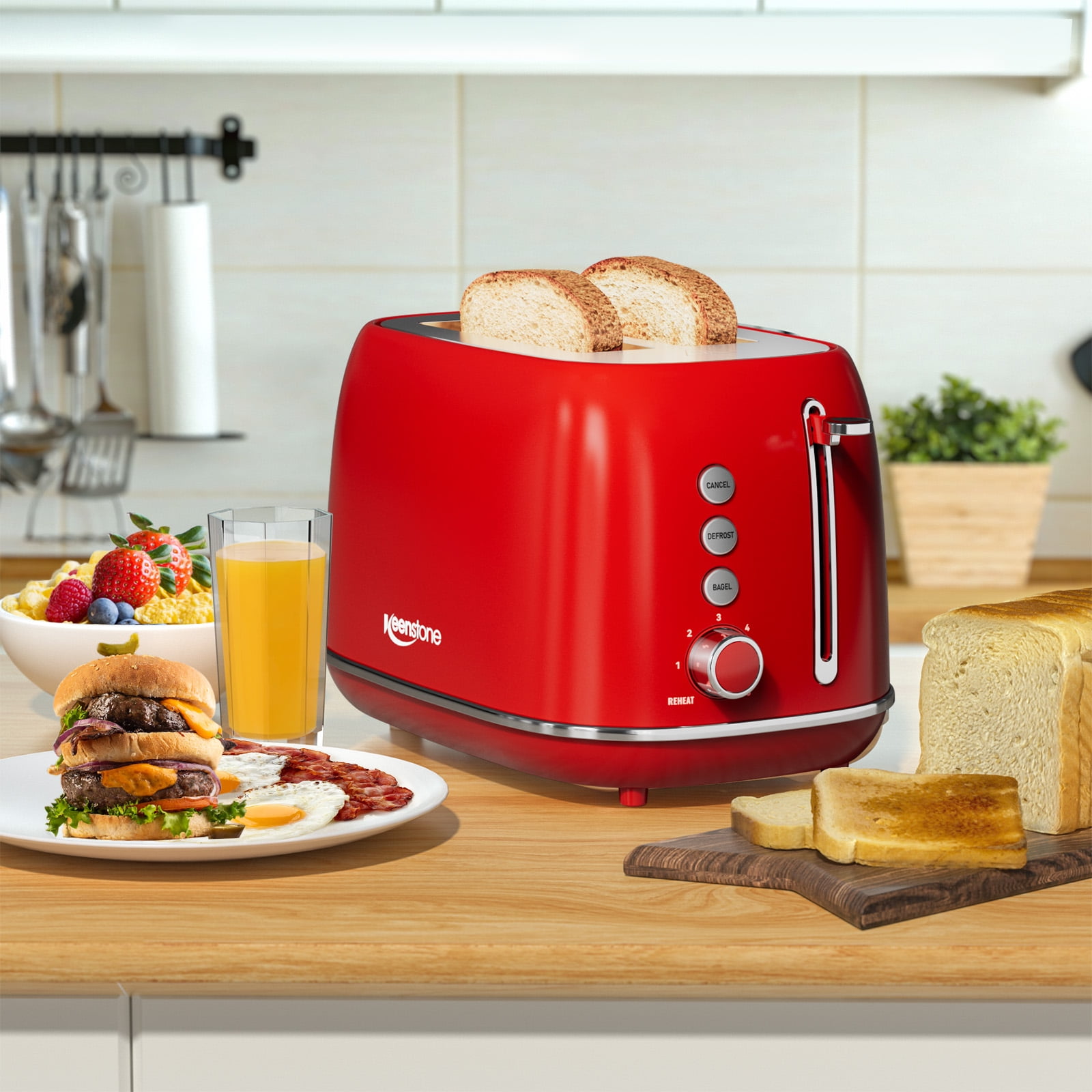 Keenstone Retro 2 Slice Stainless Steel Toaster for Bread Toast, Revolution Wide Slots, Red