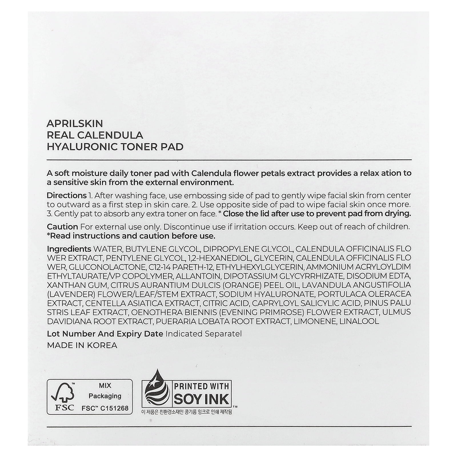 April Skin Real Calendula Hyaluronic Toner Pad, 4.93 oz (140 g)