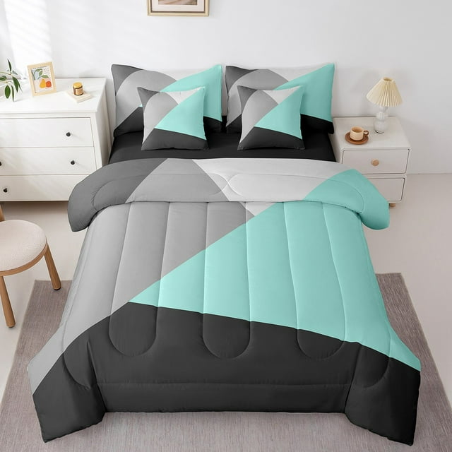YST Patchwork Teal Triangle Bedding Set, 7-Piece, Queen, Modern Abstract Geometry, Turquoise Black Gray, Soft Lightweight