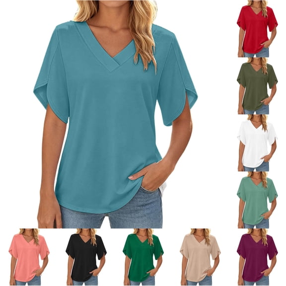 Rhuody Womens T Shirts Summer Solid Color T Shirt V Neck Short Sleeve Tops Versatile Women Clothing Blue