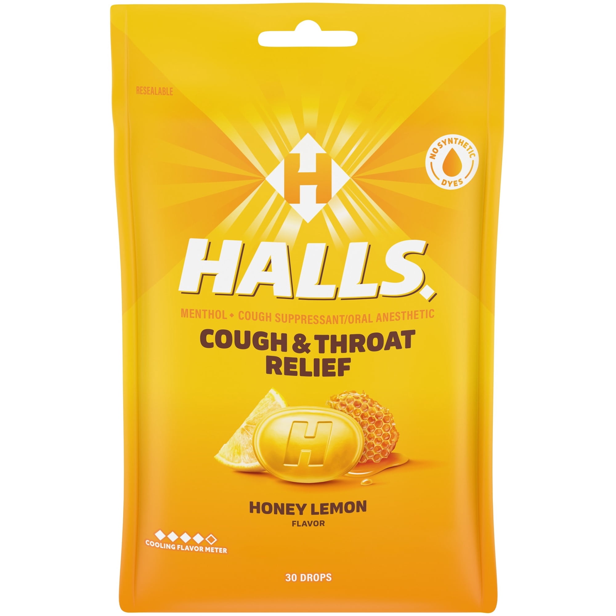 HALLS Cough and Throat Relief Honey Lemon Cough Drops, No Synthetic Dyes, FSA/HSA Eligible, 30 Drops