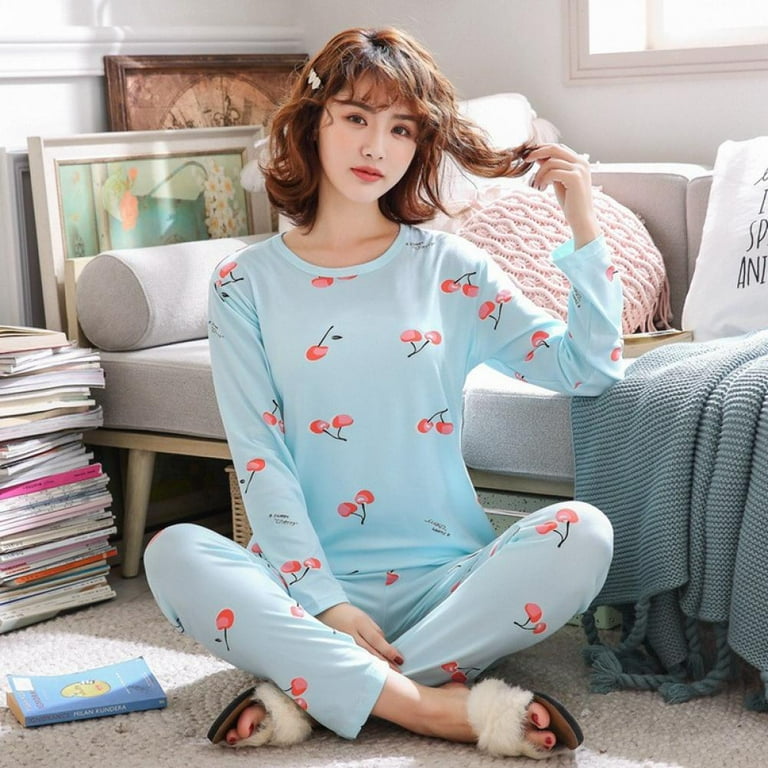 Project Retro Womens 2 Piece Pajama Set Long Pajama Pants Soft Lovely Sweet Autumn Cute Cartoon Print Long Sleeved Pajama Set Cotton YJ Walmart