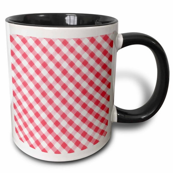 3drose, Red and White Gingham Pattern Diagonal Checkered Checks Rustic Retro Country Cottage Dining Kitchen, 11oz Two-tone Black Mug