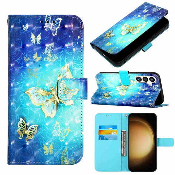 Dteck for Samsung Galaxy S24 Case, Shockproof Magnetic 3D PU Leather Wallet Flip Protective Phone Case with Wrist Strap Card Slots Holder Pocket Cover, Blue Butterfly