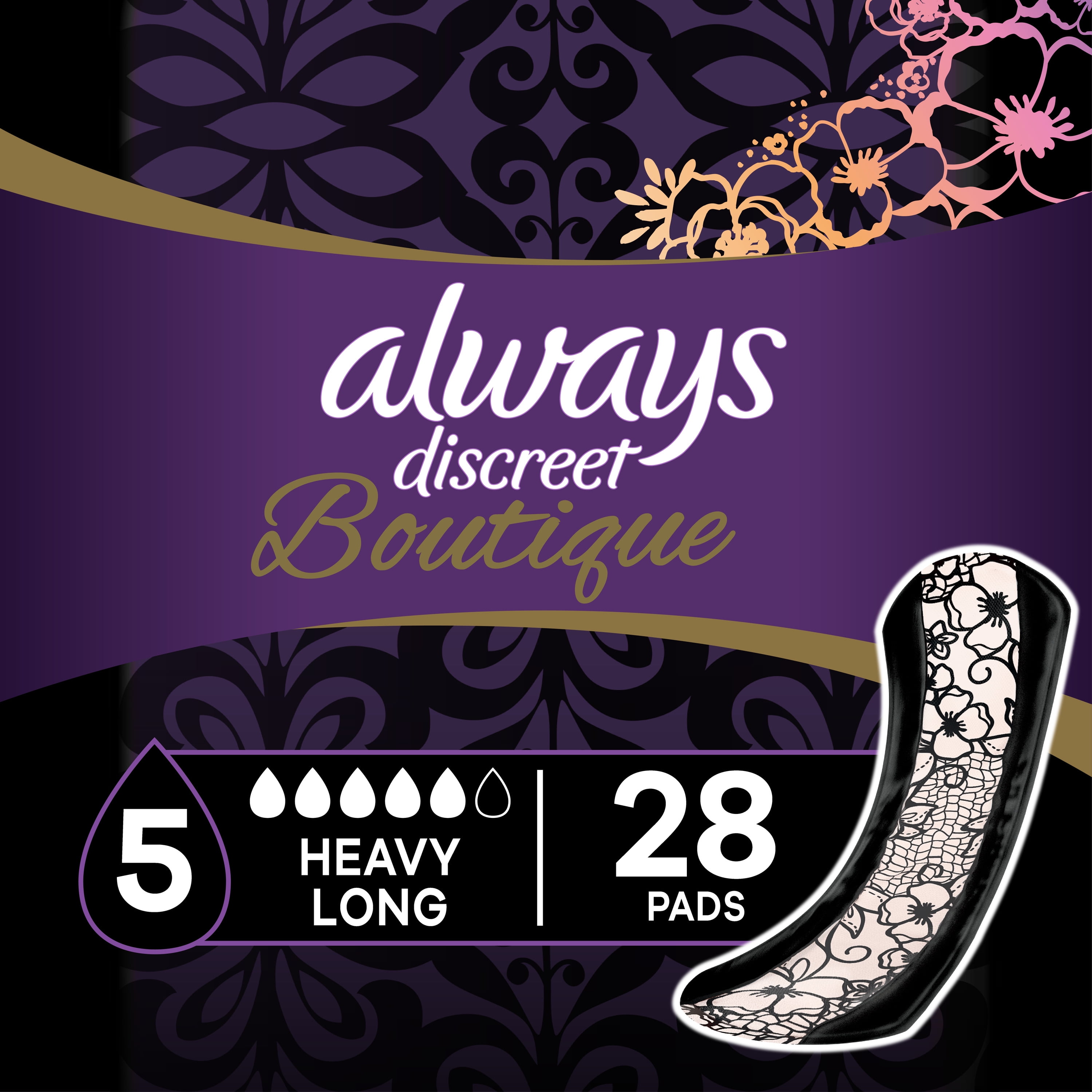 Always Discreet Boutique Incontinence Pads, Heavy Absorb, Long, 28 ct