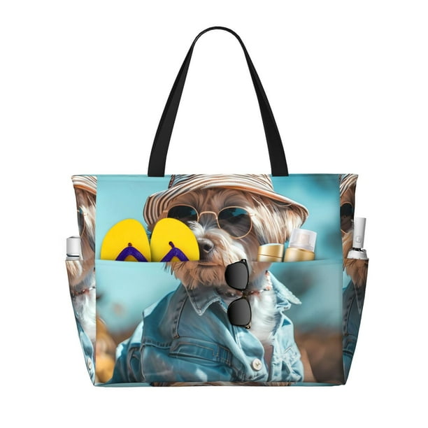 Fotbe Stylish Dog in Denim Outfit Bolsa de Viaje para Playa - Resistente al Agua, Bolsa Tote de Gran Capacidad y Ligera con 7 Bolsillos para Mujeres y Hombres