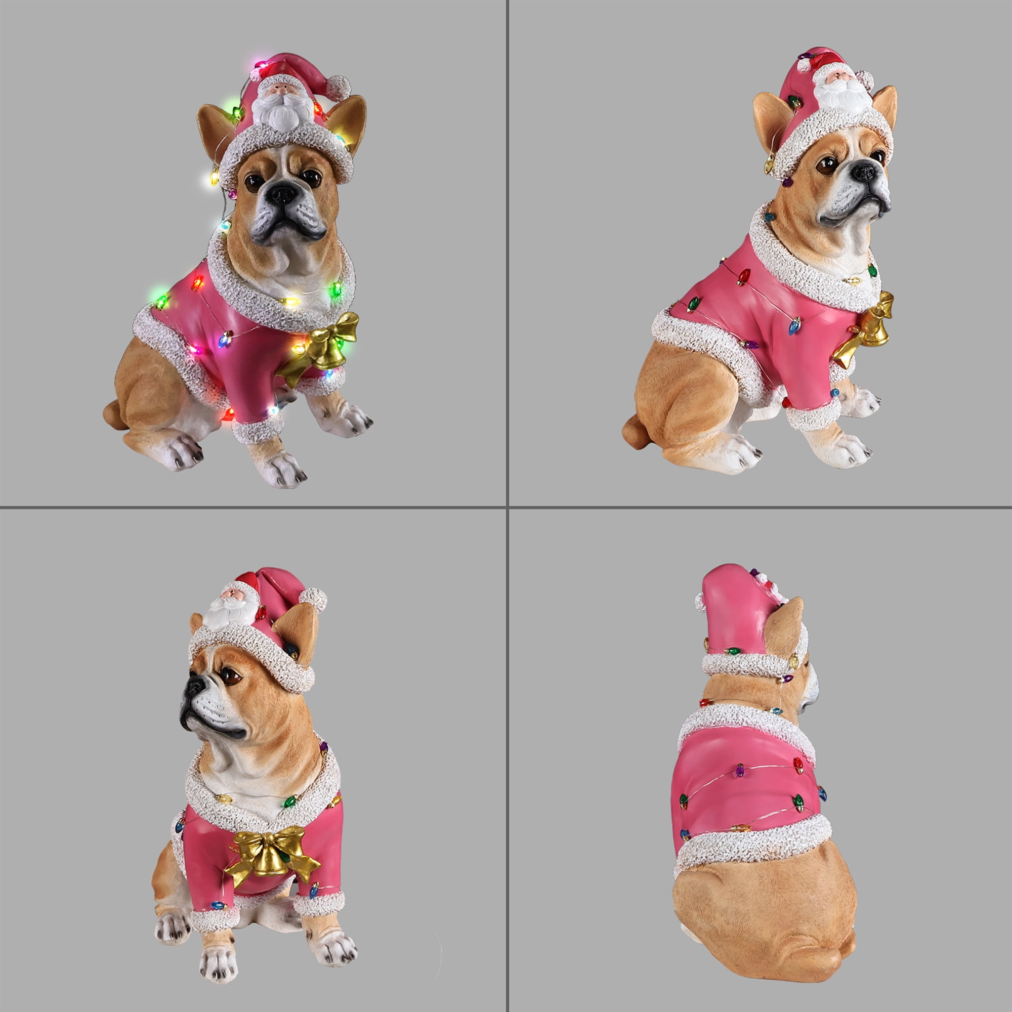 French Bulldog Pink Santa Outfit Christmas Dog Statue with Light Details Holiday Tabletop Decor