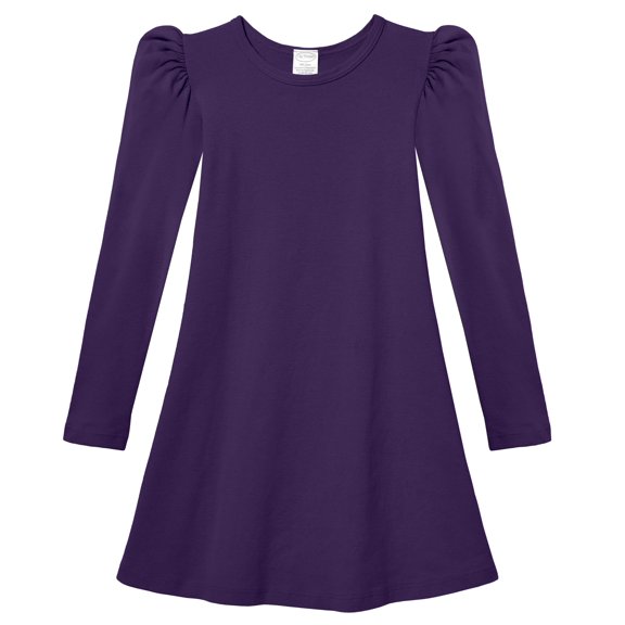 Girls Soft Cotton Puff Long Sleeve Dress | Purple