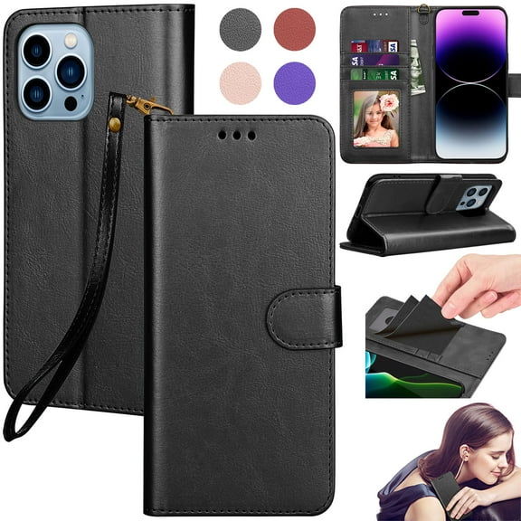 For iPhone 14 Pro Phone Case, Wallet Case for Women Men with Credit Card Holder and Hand Strap, Flip Leather Magnetic Kickstand Shockproof Rugged Cover with RFID Blocking [Black]