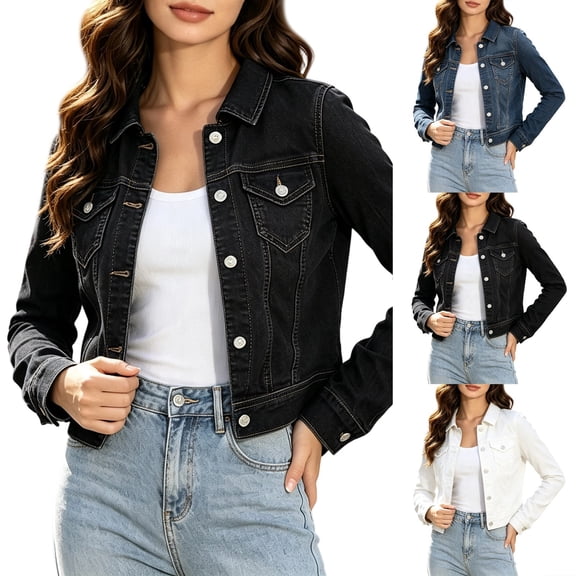 Miaoju Women's Basic Long Sleeves Button Down Fitted Denim Jean Jackets, Black L
