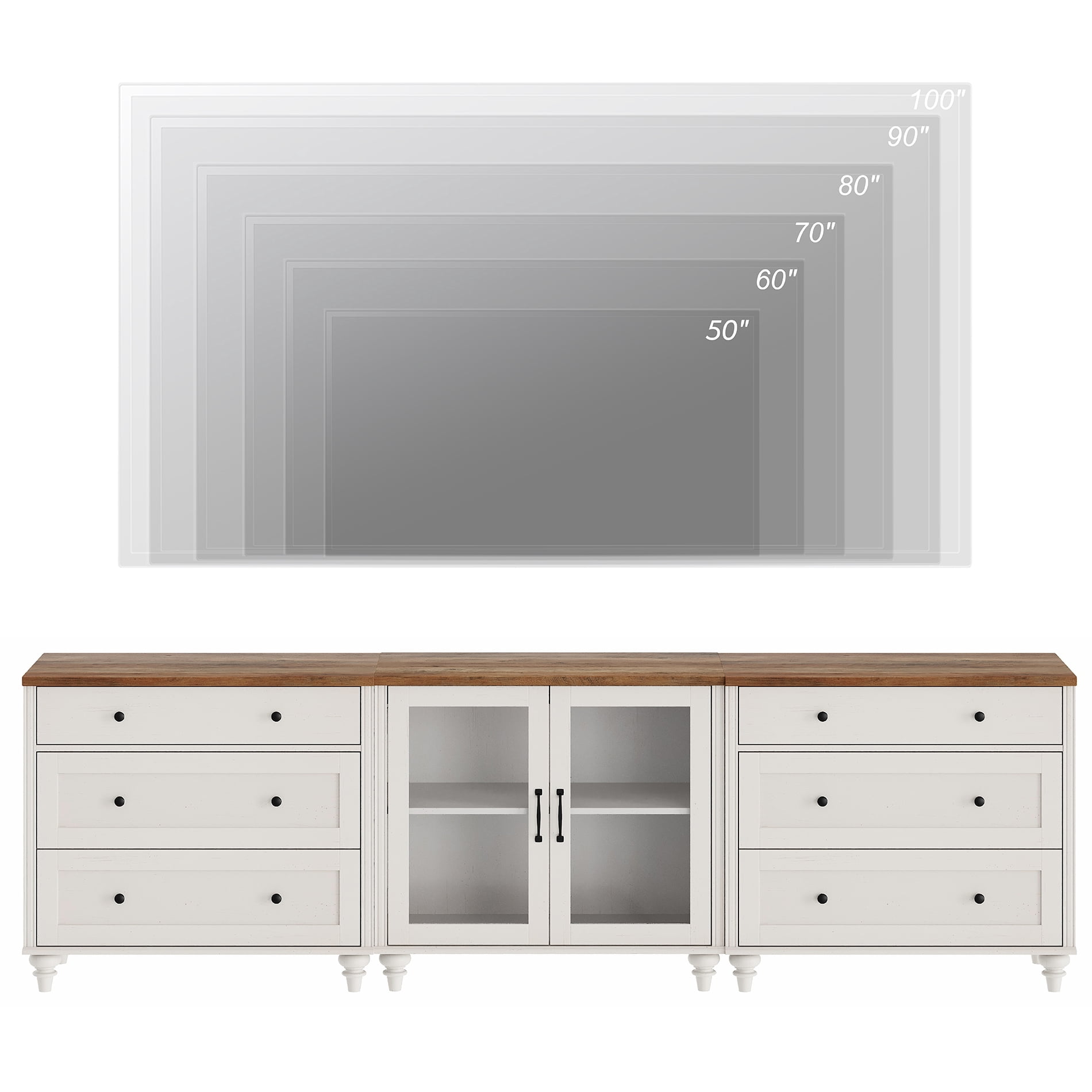 Farmhouse TV Stand, 3-in-1 TV Console Table for 75/80/85/90-Inch TVs, Entertainment Center with Drawer & Glass Door, White