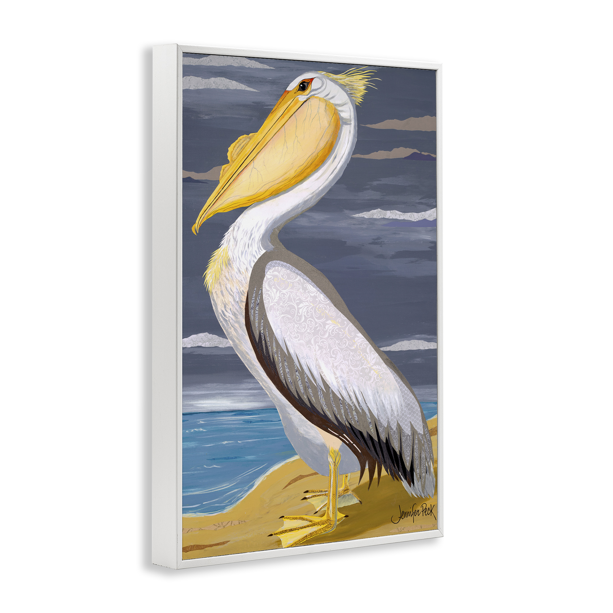 Stupell Industries White Pelican on Shore Animals & Insects Painting White Framed Art Print Wall Art, 16 x 24