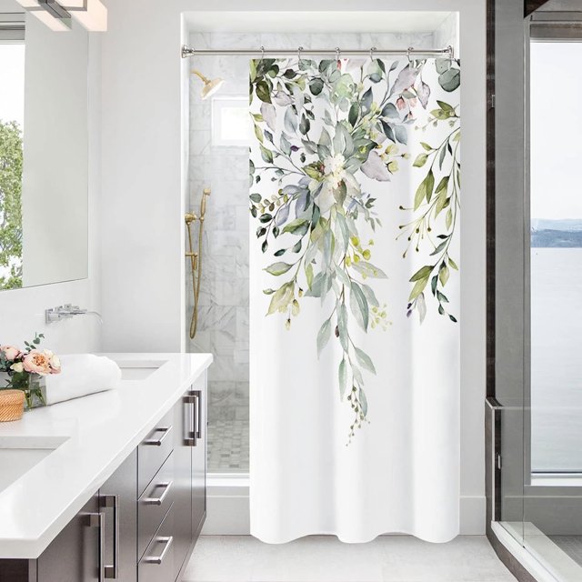 Cortina de ducha con hojas de eucalipto, cortina de ducha estrecha con diseño de planta de acuarela verde salvia, 36 x 72 pulgadas, juego de cortina de ducha para baño de tela impermeable con ganchos.