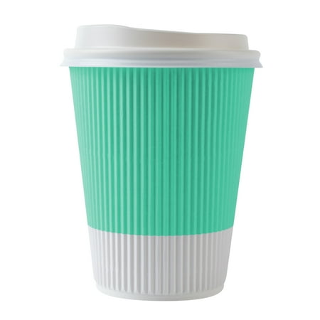 

12 oz Light Green Paper Ripple Wall Coffee Cup - with White Lid - 3 1/2 x 3 1/2 x 5 - 200 count box