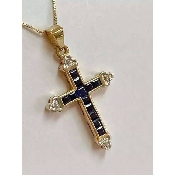 Aishvi Jewels 2 Ct Princess Cut Blue Sapphire Diamond Cross Pendant 14k Yellow Gold Plated 18"Chain